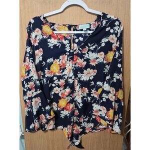 Veronica M Size‎ Med Women's Floral Print Tie Front Blouse Top Navy Bell Sleeve